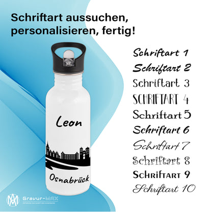 Trinkflasche in Weiß 600ml aus Edelstahl bedruckt mit der Skyline von Osnabrück personalisierbar mit Wunschname
