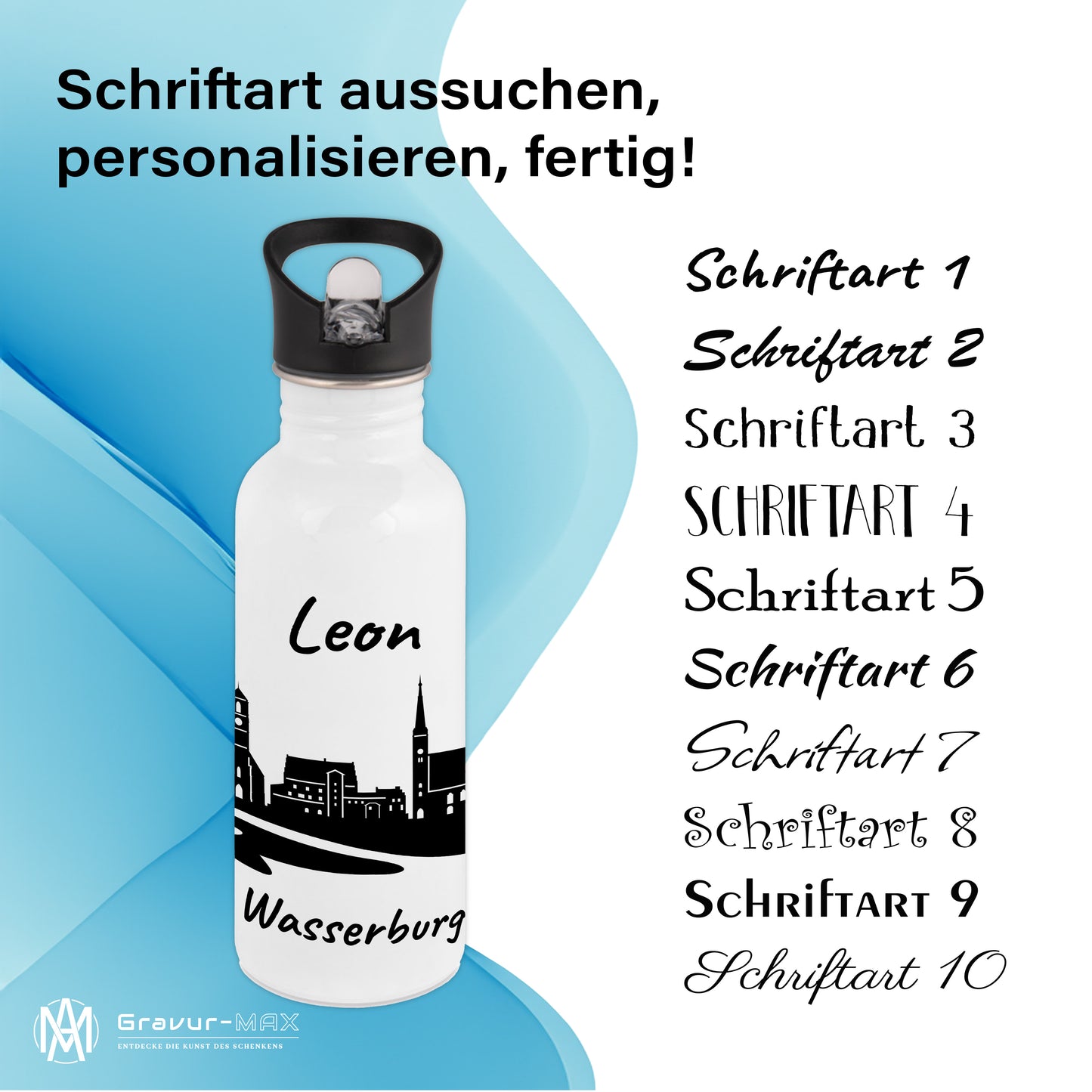 Trinkflasche in Weiß 600ml aus Edelstahl bedruckt mit der Skyline von Wasserburg personalisierbar mit Wunschname