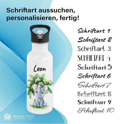 Trinkflasche mit Strohhalm in Weiß 600ml bedruckt mit Dschungel Tieren"Nashorn" personalisierbar für Kinder mit Wunschname aus Edelstahl