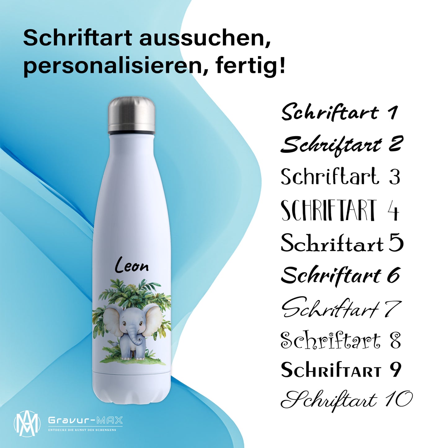 Trinkflasche in Weiß 500ml aus Edelstahl bedruckt mit Dschungel Tieren"Elefant" personalisierbar für Kinder mit Wunschname