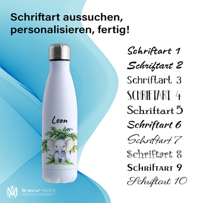Trinkflasche in Weiß 500ml aus Edelstahl bedruckt mit Dschungel Tieren"Elefant" personalisierbar für Kinder mit Wunschname