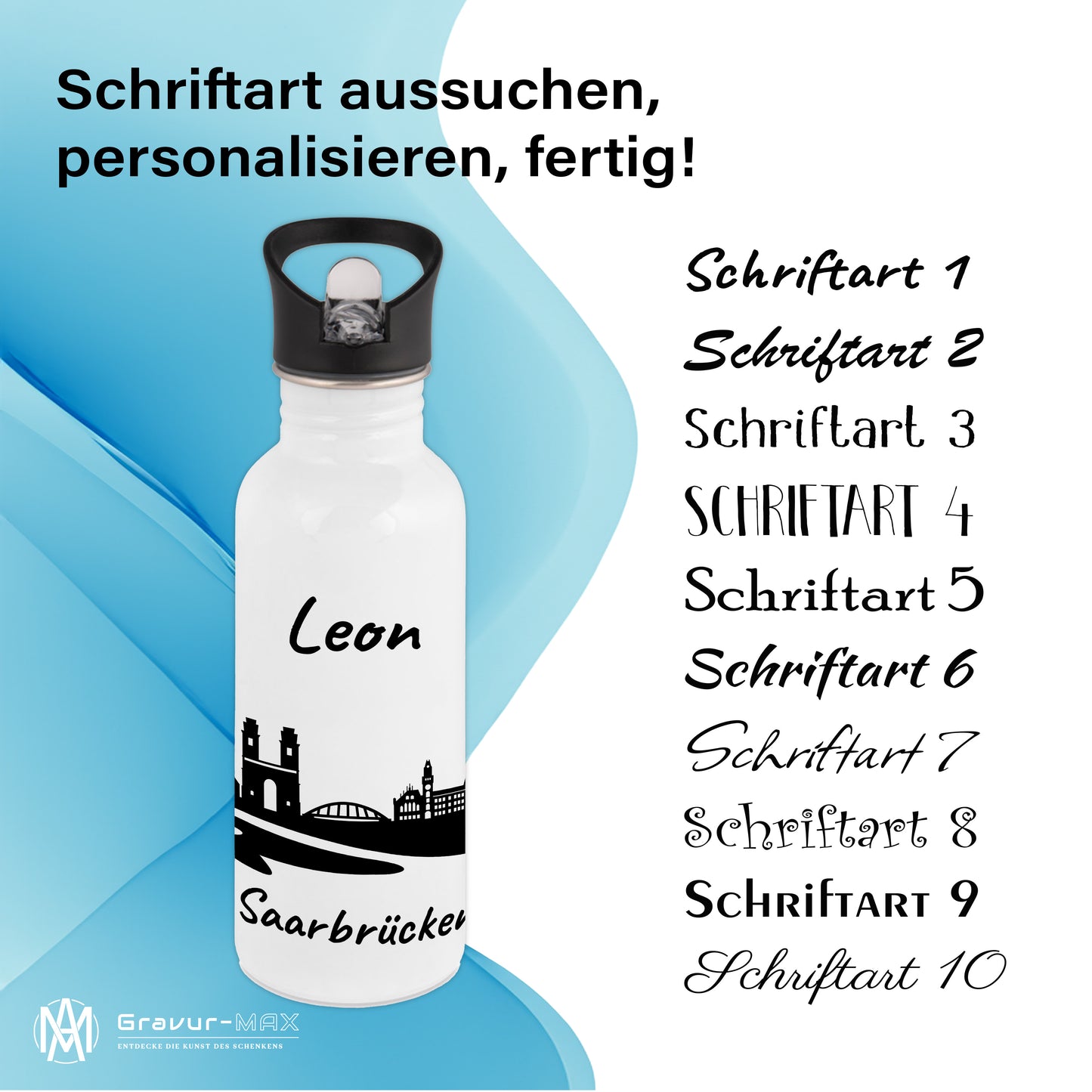 Trinkflasche in Weiß 600ml aus Edelstahl bedruckt mit der Skyline von Saarbrücken personalisierbar mit Wunschname