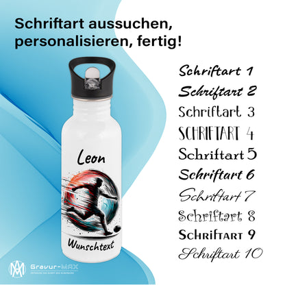 Trinkflasche mit Strohhalm in Weiß 600ml bedruckt mit Fußball Motiven"Motiv3" personalisierbar für Kinder mit Wunschname aus Edelstahl