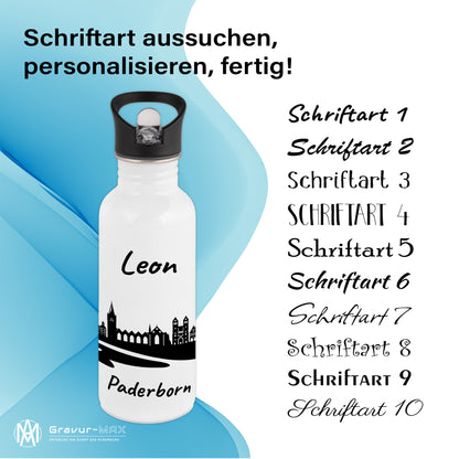 Trinkflasche in Weiß 600ml aus Edelstahl bedruckt mit der Skyline von Paderborn personalisierbar mit Wunschname
