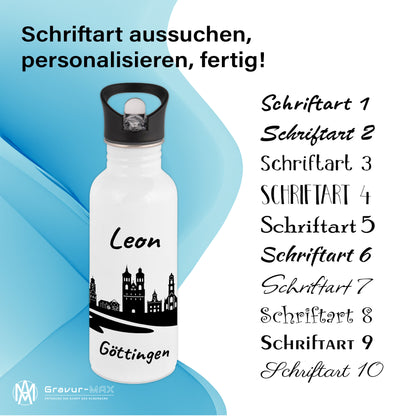 Trinkflasche in Weiß 600ml aus Edelstahl bedruckt mit der Skyline von Göttingen personalisierbar mit Wunschname