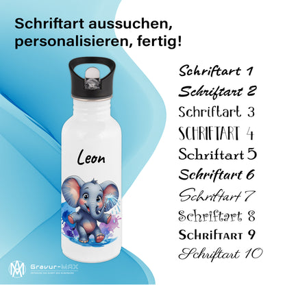 Trinkflasche mit Strohhalm in Weiß 600ml bedruckt mit niedlichen Tieren"Elefant" personalisierbar für Kinder mit Wunschname aus Edelstahl