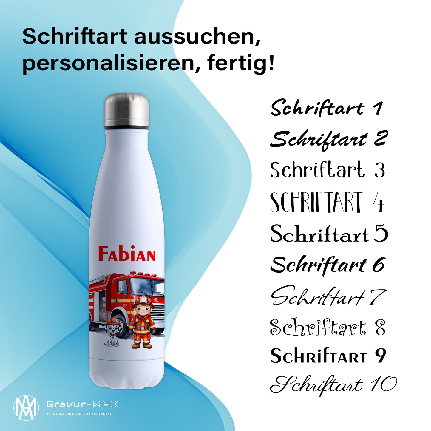 Thermoflasche 500ml in Weiß bedruckt mit tollen Motiven für Kinder "Feuerwehr" personalisierbar mit Wunschname