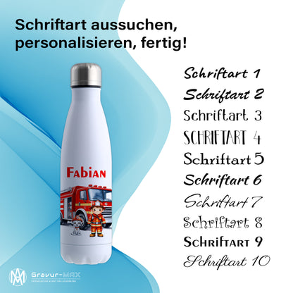 Thermoflasche 500ml in Weiß bedruckt mit tollen Motiven für Kinder "Feuerwehr" personalisierbar mit Wunschname