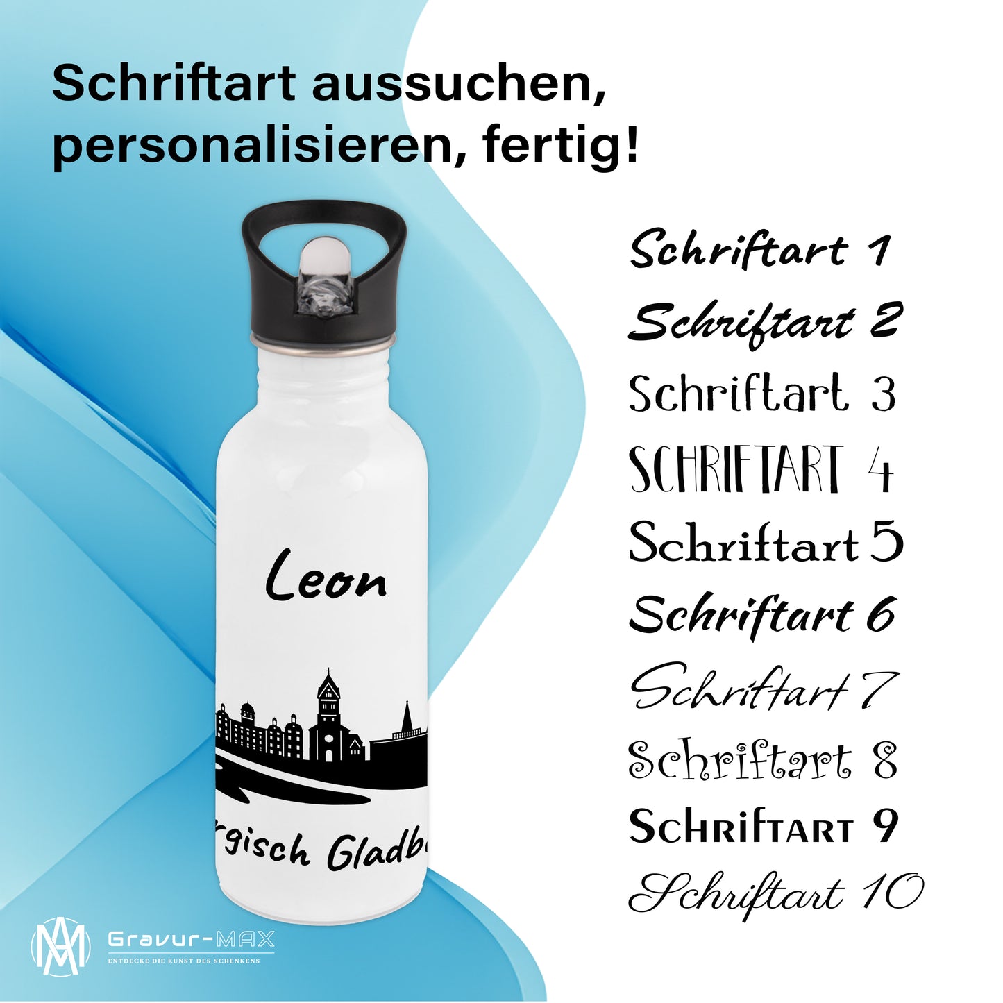 Trinkflasche in Weiß 600ml aus Edelstahl bedruckt mit der Skyline von Bergisch Gladbach personalisierbar mit Wunschname