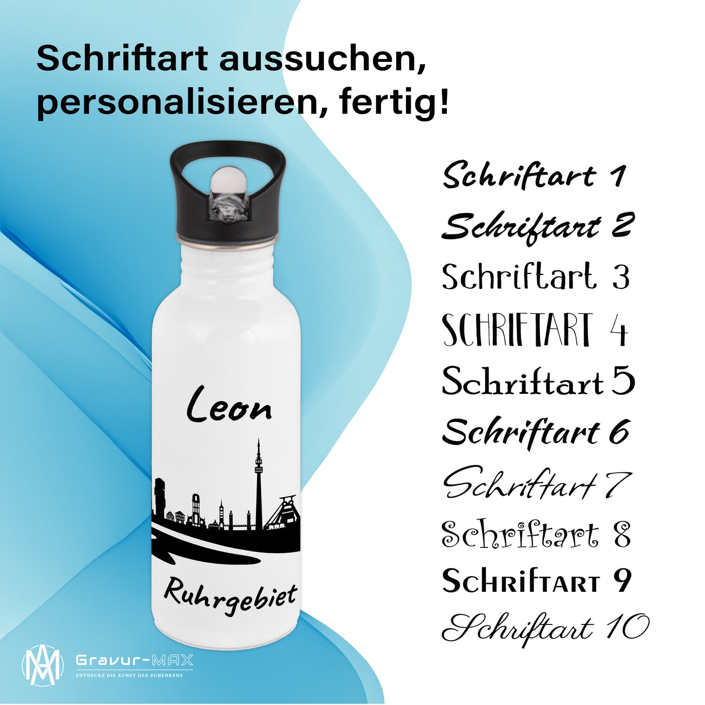 Trinkflasche in Weiß 600ml aus Edelstahl bedruckt mit der Skyline von Ruhrgebiet personalisierbar mit Wunschname