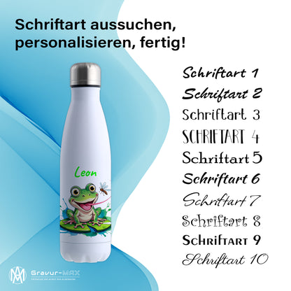 Trinkflasche in Weiß 500ml aus Edelstahl bedruckt mit niedlichen Tieren "Frosch" personalisierbar für Kinder mit Wunschname