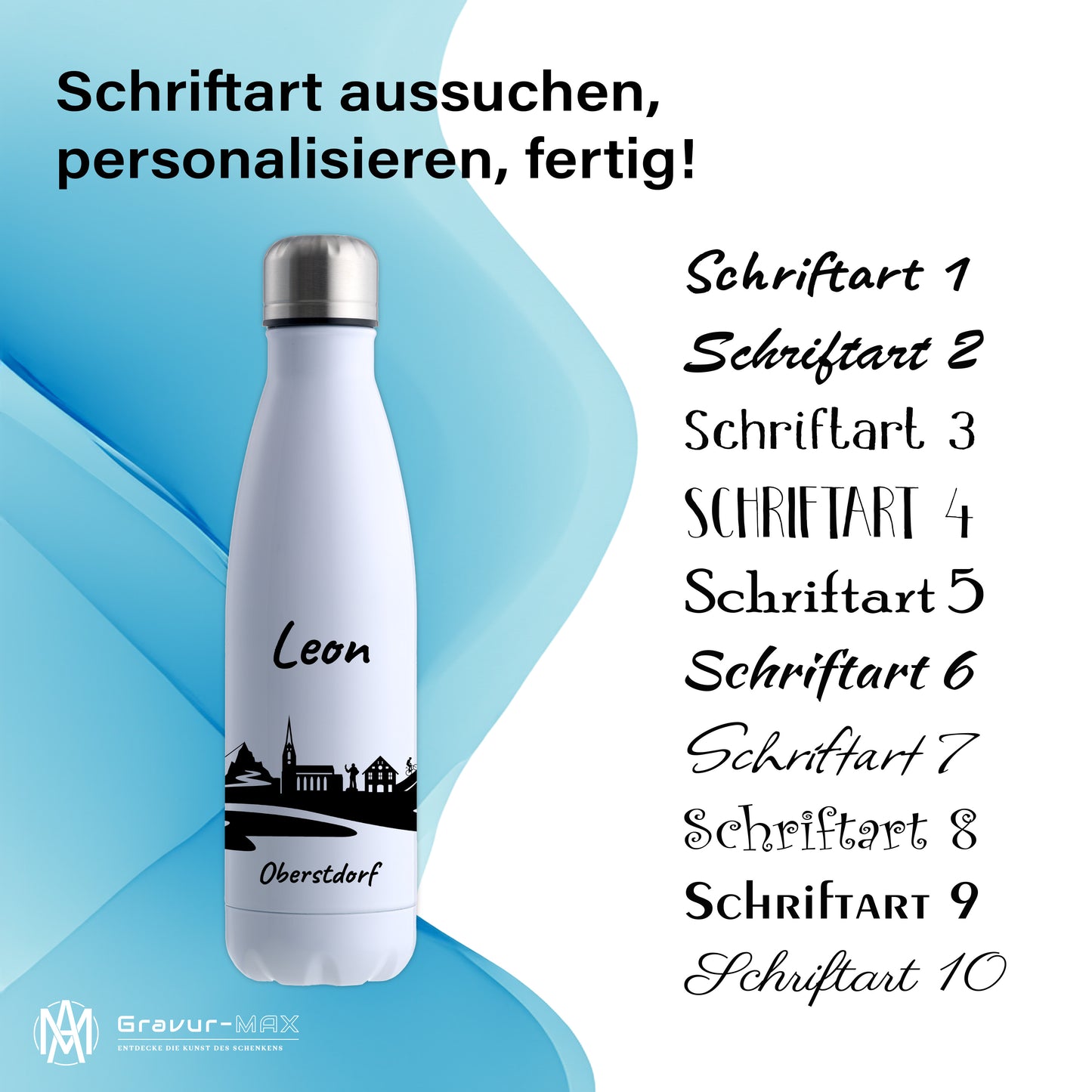 Trinkflasche in Weiß 500ml aus Edelstahl bedruckt mit der Skyline von Oberstdorf personalisierbar mit Wunschname