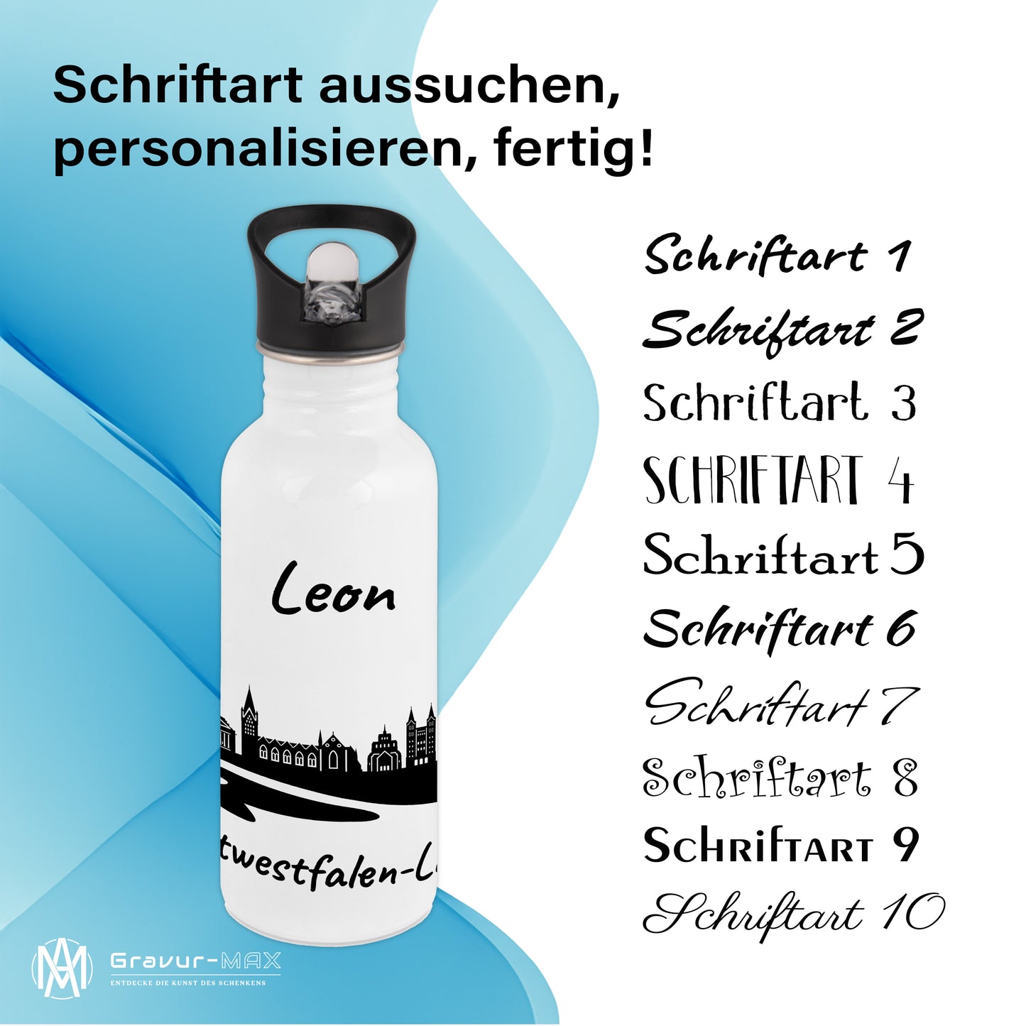 Trinkflasche in Weiß 600ml aus Edelstahl bedruckt mit der Skyline von Ostwestfalen-Lippe personalisierbar mit Wunschname