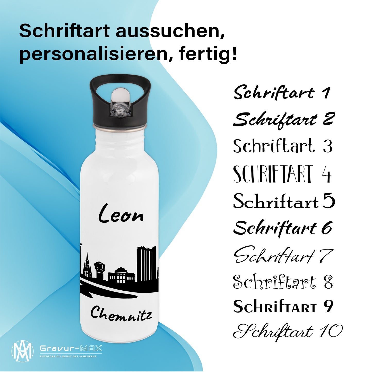 Trinkflasche in Weiß 600ml aus Edelstahl bedruckt mit der Skyline von Chemnitz personalisierbar mit Wunschname