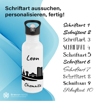 Trinkflasche in Weiß 600ml aus Edelstahl bedruckt mit der Skyline von Chemnitz personalisierbar mit Wunschname