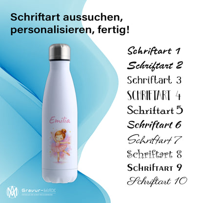 Thermoflasche 500ml in Weiß bedruckt mit tollen Motiven für Kinder "Ballerina" personalisierbar mit Wunschname