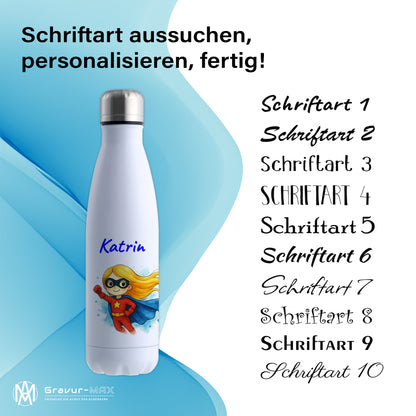 Thermoflasche 500ml in Weiß bedruckt mit tollen Motiven für Kinder "Superheldin" personalisierbar mit Wunschname