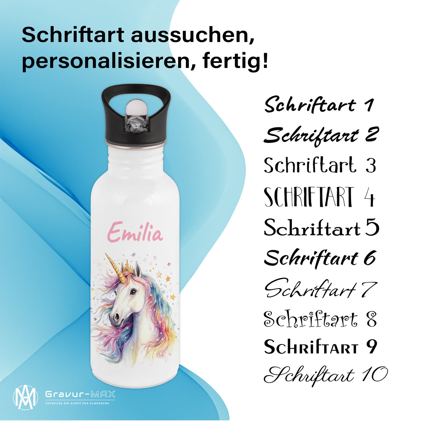 Trinkflasche mit Strohhalm in Weiß 600ml bedruckt mit tollen Motiven für Kinder "Einhorn" personalisierbar für Kinder mit Wunschname aus Edelstahl