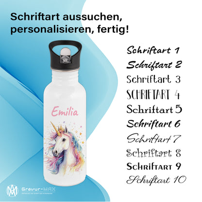 Trinkflasche mit Strohhalm in Weiß 600ml bedruckt mit tollen Motiven für Kinder "Einhorn" personalisierbar für Kinder mit Wunschname aus Edelstahl