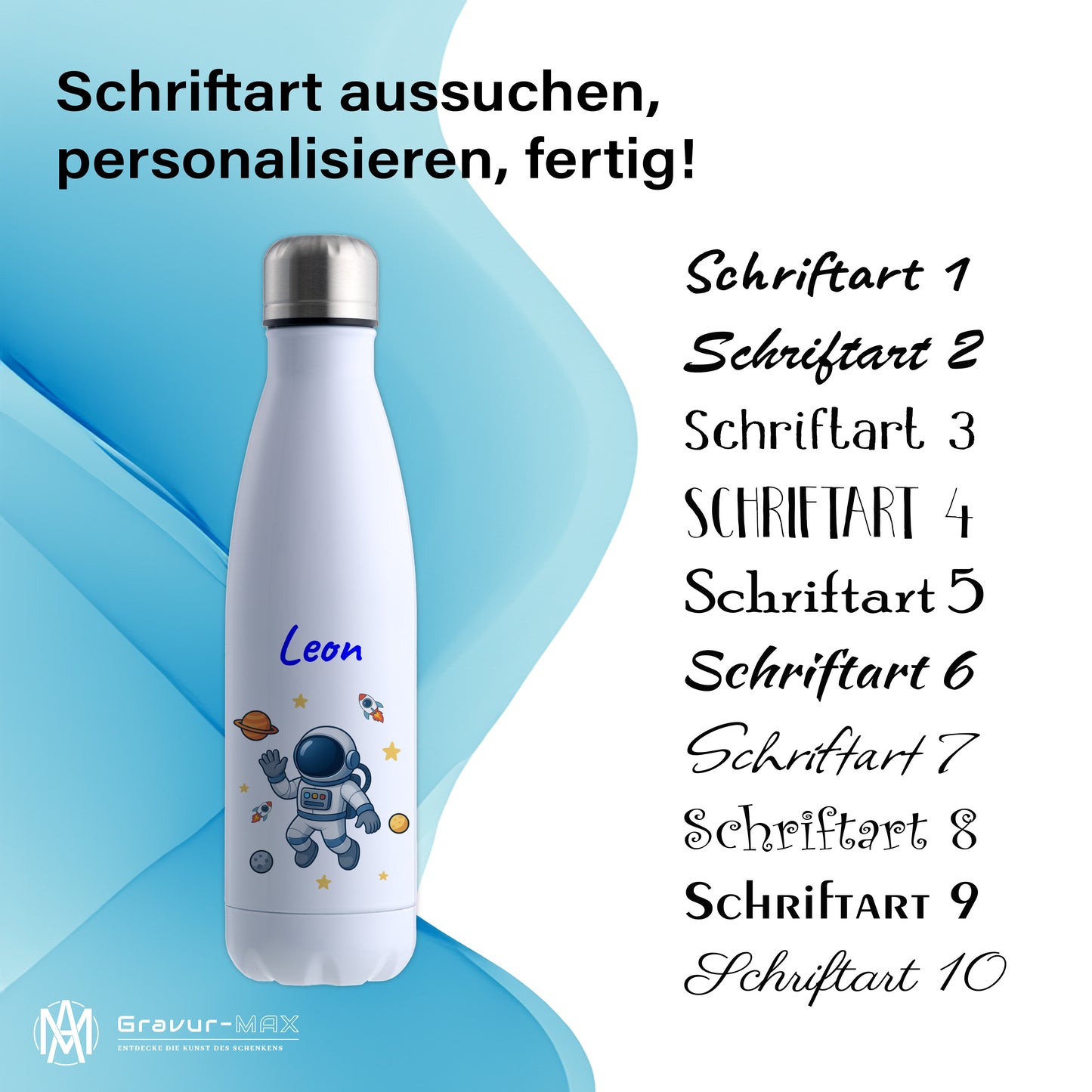 Thermoflasche 500ml in Weiß bedruckt mit tollen Motiven für Kinder "Astronaut" personalisierbar mit Wunschname