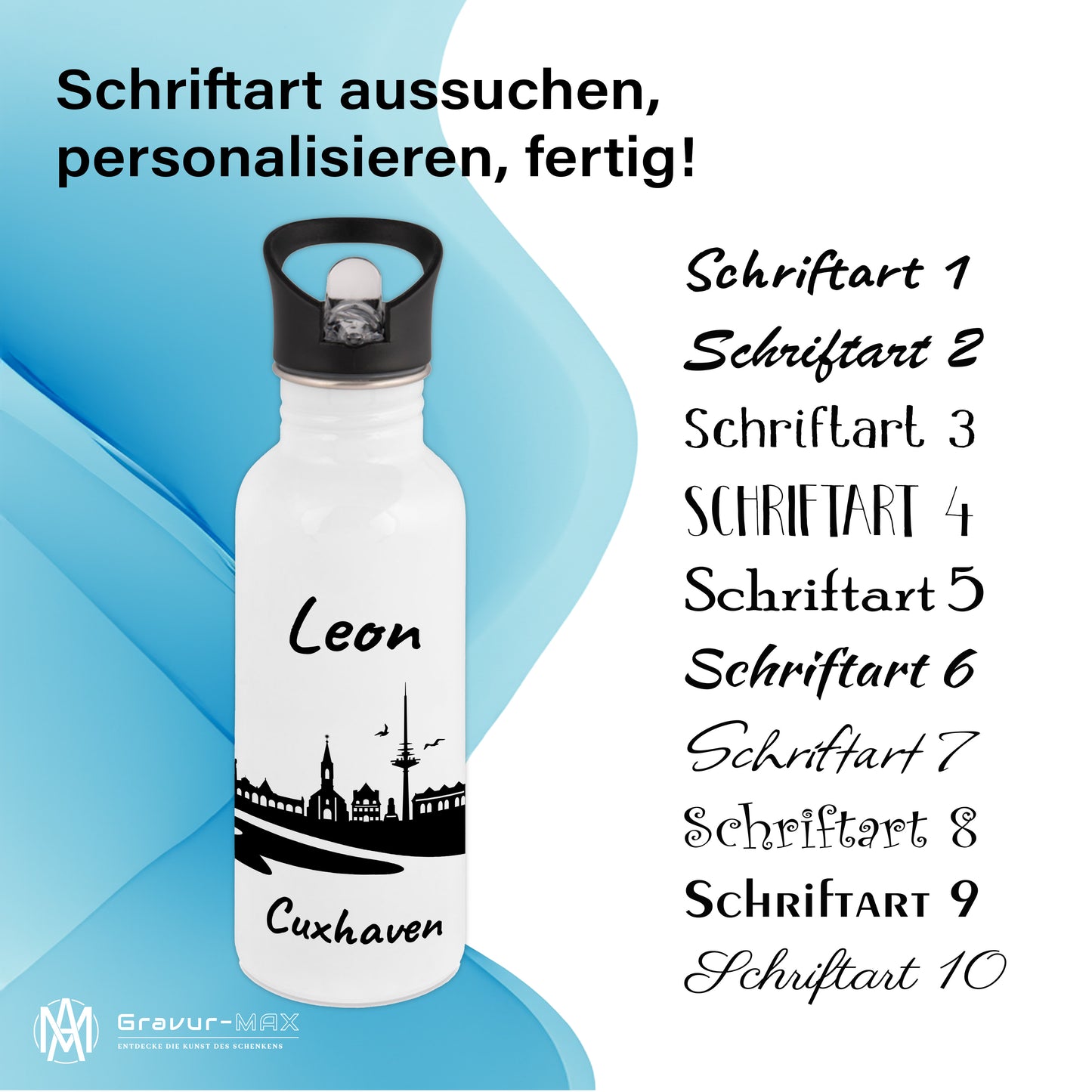Trinkflasche in Weiß 600ml aus Edelstahl bedruckt mit der Skyline von Cuxhaven personalisierbar mit Wunschname