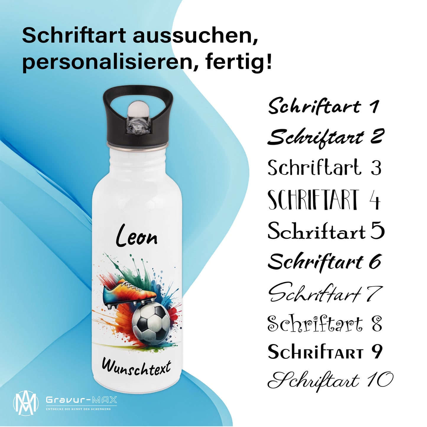 Trinkflasche mit Strohhalm in Weiß 600ml bedruckt mit Fußball Motiven"Motiv6" personalisierbar für Kinder mit Wunschname aus Edelstahl