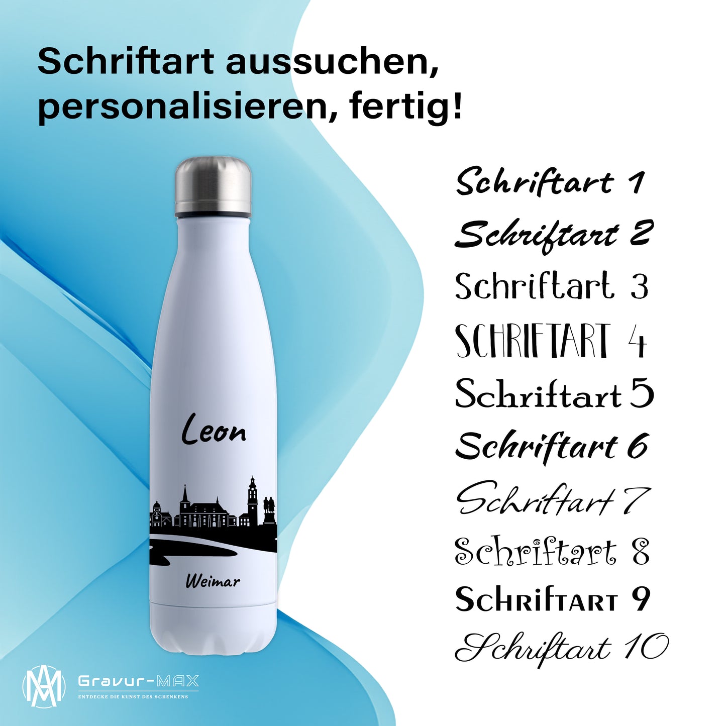 Trinkflasche in Weiß 500ml aus Edelstahl bedruckt mit der Skyline von Weimar personalisierbar mit Wunschname