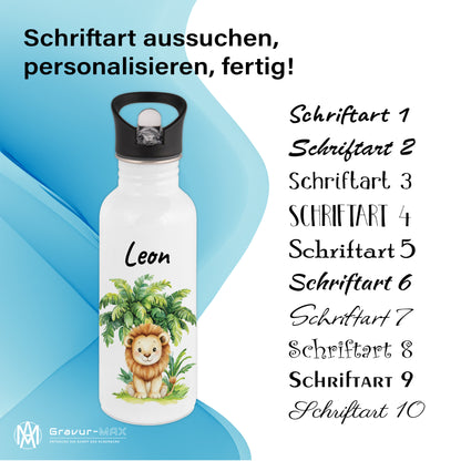 Trinkflasche mit Strohhalm in Weiß 600ml bedruckt mit Dschungel Tieren"Löwe" personalisierbar für Kinder mit Wunschname aus Edelstahl
