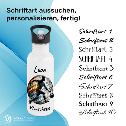 Trinkflasche mit Strohhalm in Weiß 600ml bedruckt mit Fußball Motiven"Motiv2" personalisierbar für Kinder mit Wunschname aus Edelstahl