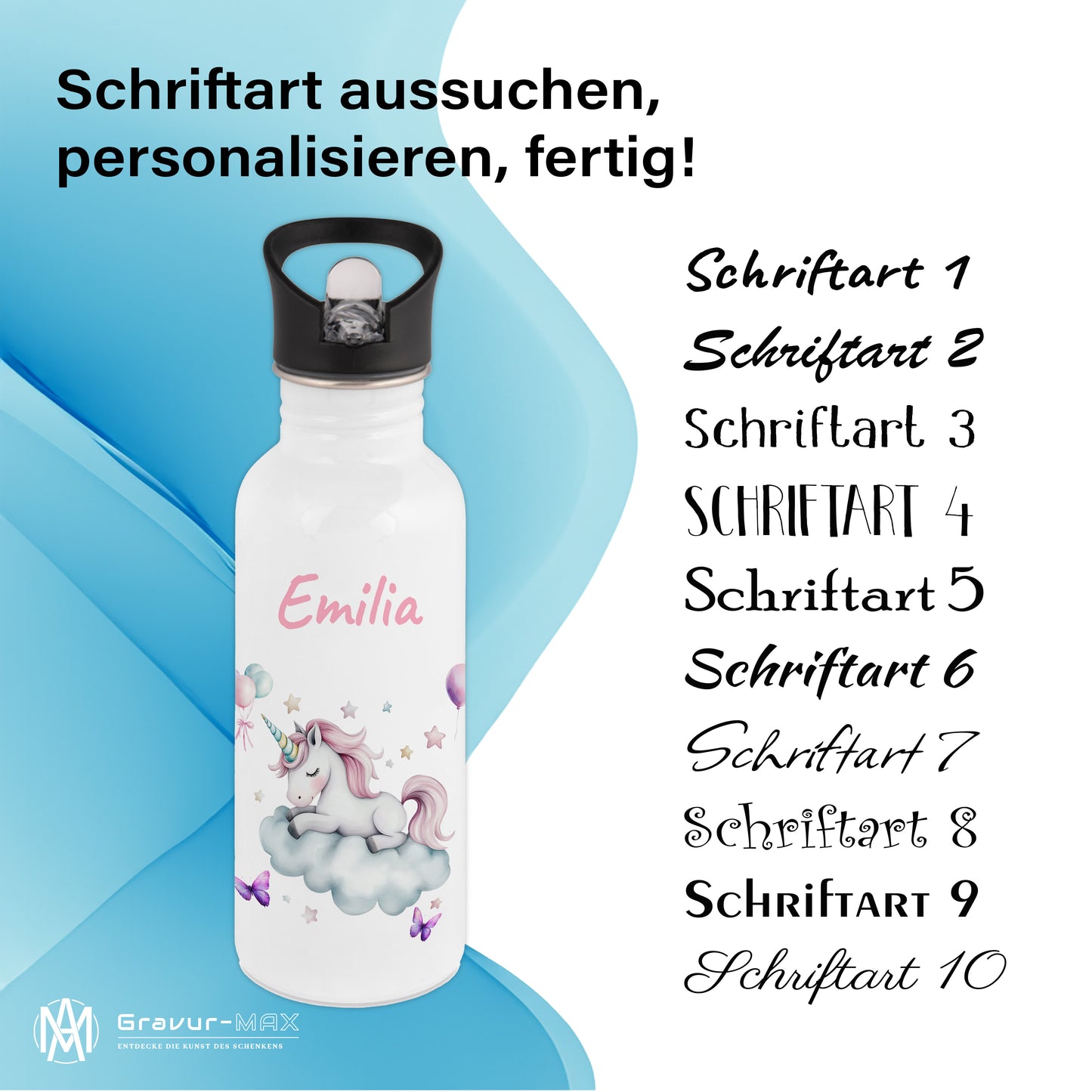 Trinkflasche mit Strohhalm in Weiß 600ml bedruckt mit tollen Motiven für Kinder "Einhorn Wolke" personalisierbar für Kinder mit Wunschname aus Edelstahl