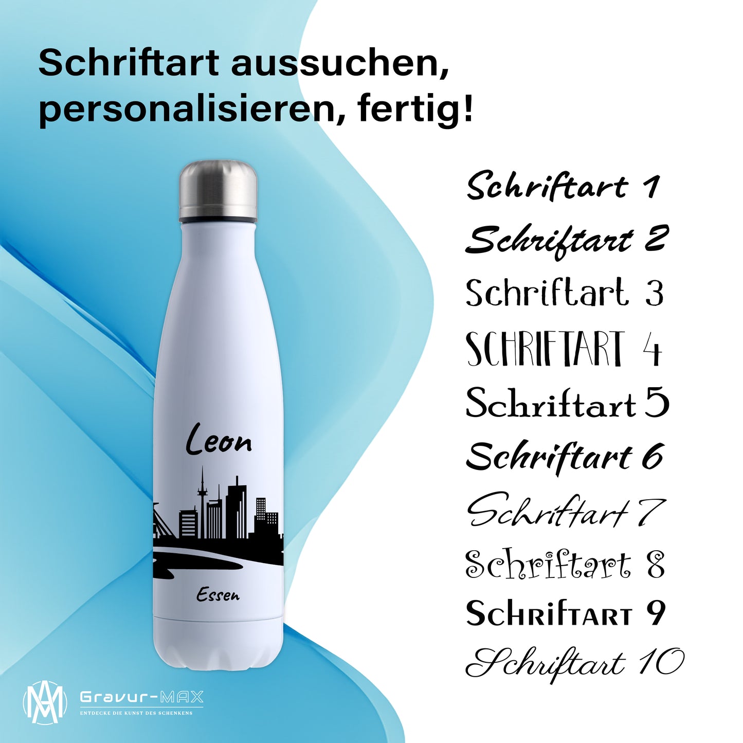 Trinkflasche in Weiß 500ml aus Edelstahl bedruckt mit der Skyline von Essen personalisierbar mit Wunschname