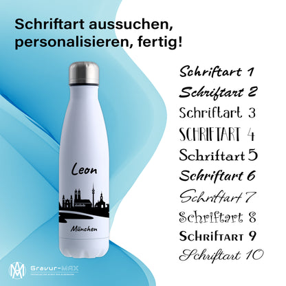Trinkflasche in Weiß 500ml aus Edelstahl bedruckt mit der Skyline von München personalisierbar mit Wunschname