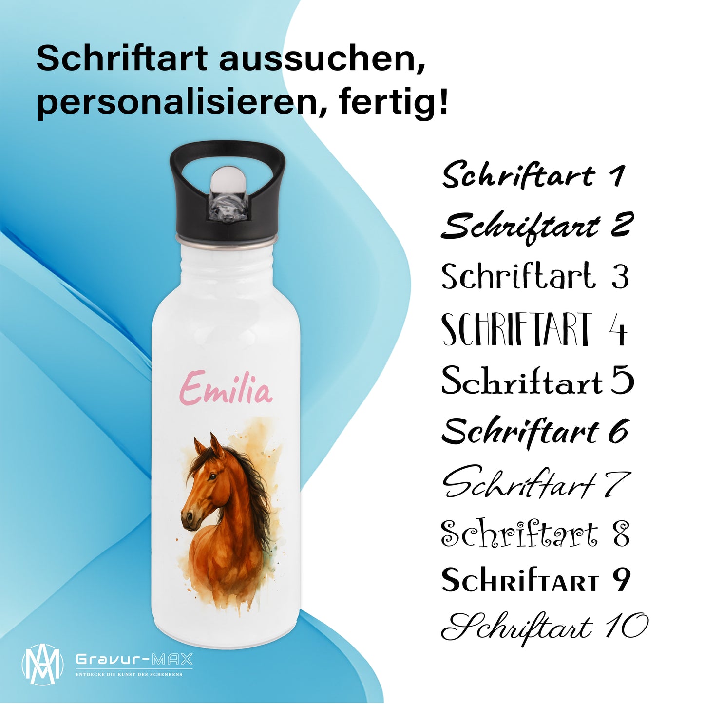 Trinkflasche mit Strohhalm in Weiß 600ml bedruckt mit tollen Motiven für Kinder "Pferd" personalisierbar für Kinder mit Wunschname aus Edelstahl