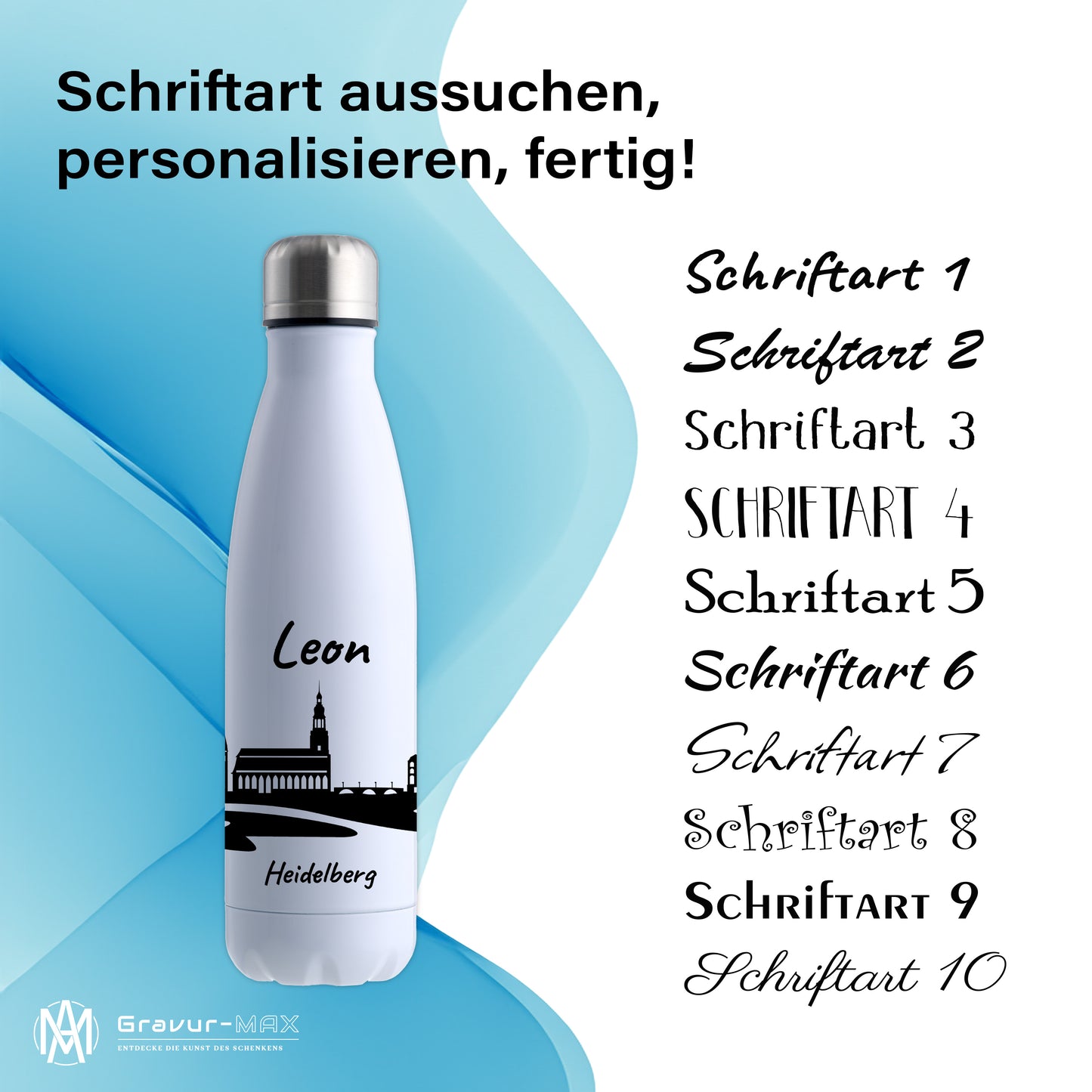 Trinkflasche in Weiß 500ml aus Edelstahl bedruckt mit der Skyline von Heidelberg personalisierbar mit Wunschname