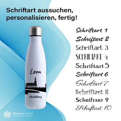 Trinkflasche in Weiß 500ml aus Edelstahl bedruckt mit der Skyline von Heidelberg personalisierbar mit Wunschname