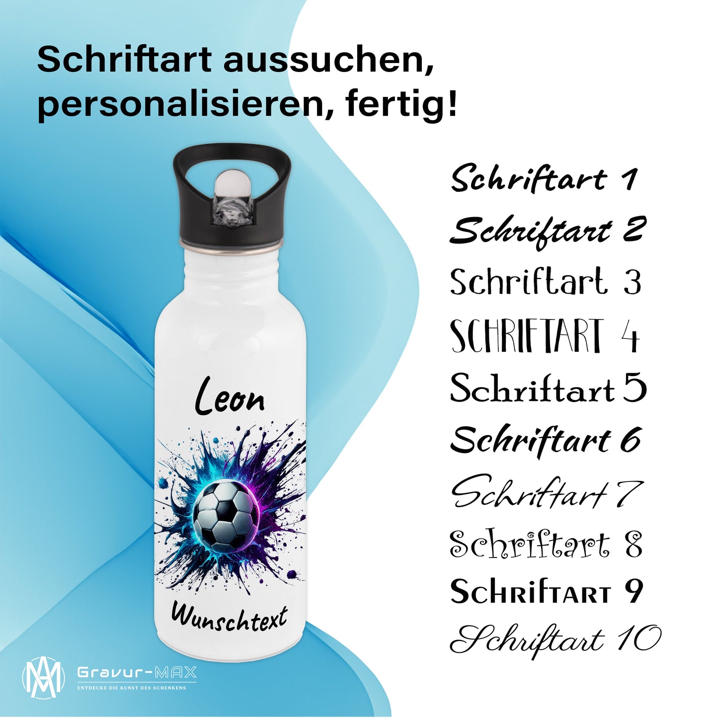 Trinkflasche mit Strohhalm in Weiß 600ml bedruckt mit Fußball Motiven"Motiv10" personalisierbar für Kinder mit Wunschname aus Edelstahl