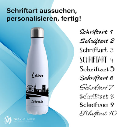 Trinkflasche in Weiß 500ml aus Edelstahl bedruckt mit der Skyline von Lübbecke personalisierbar mit Wunschname