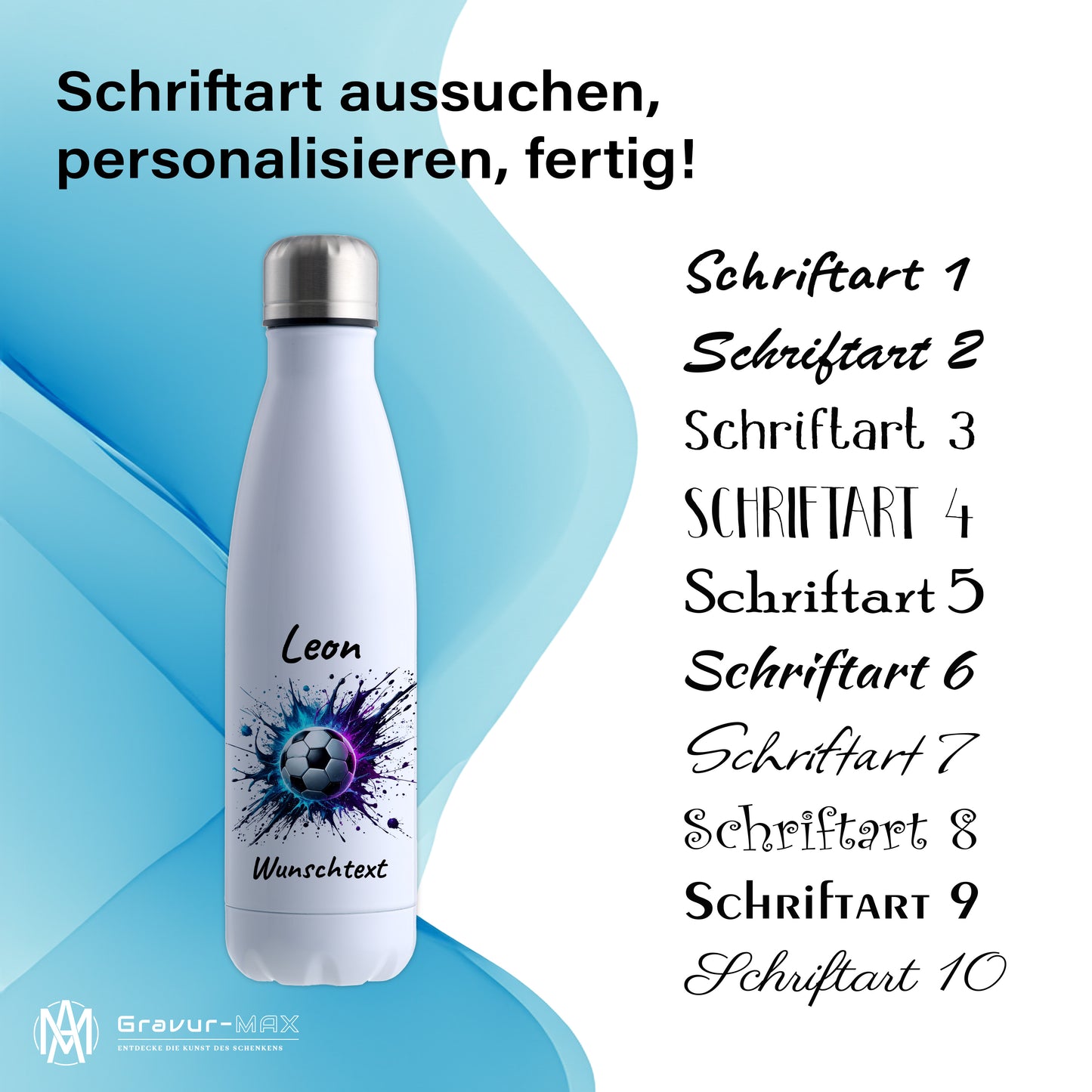 Thermoflasche 500ml in Weiß aus Edelstahl bedruckt "Fußball" Motiv10 personalisierbar mit Wunschname & Text