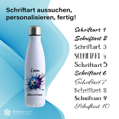 Thermoflasche 500ml in Weiß aus Edelstahl bedruckt "Fußball" Motiv10 personalisierbar mit Wunschname & Text