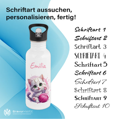 Trinkflasche mit Strohhalm in Weiß 600ml bedruckt mit niedlichen Tieren"Katze" personalisierbar für Kinder mit Wunschname aus Edelstahl