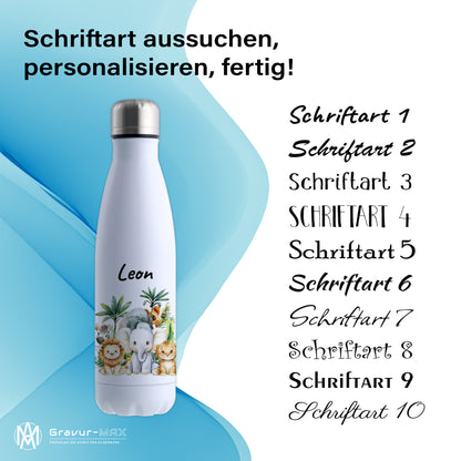 Trinkflasche in Weiß 500ml aus Edelstahl bedruckt mit Dschungel Tieren"Dschungel Tiere" personalisierbar für Kinder mit Wunschname