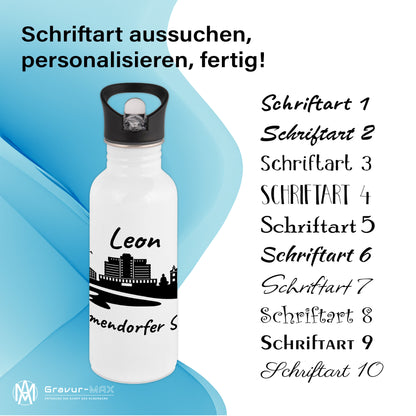 Trinkflasche in Weiß 600ml aus Edelstahl bedruckt mit der Skyline von Timmendorfer Strand personalisierbar mit Wunschname