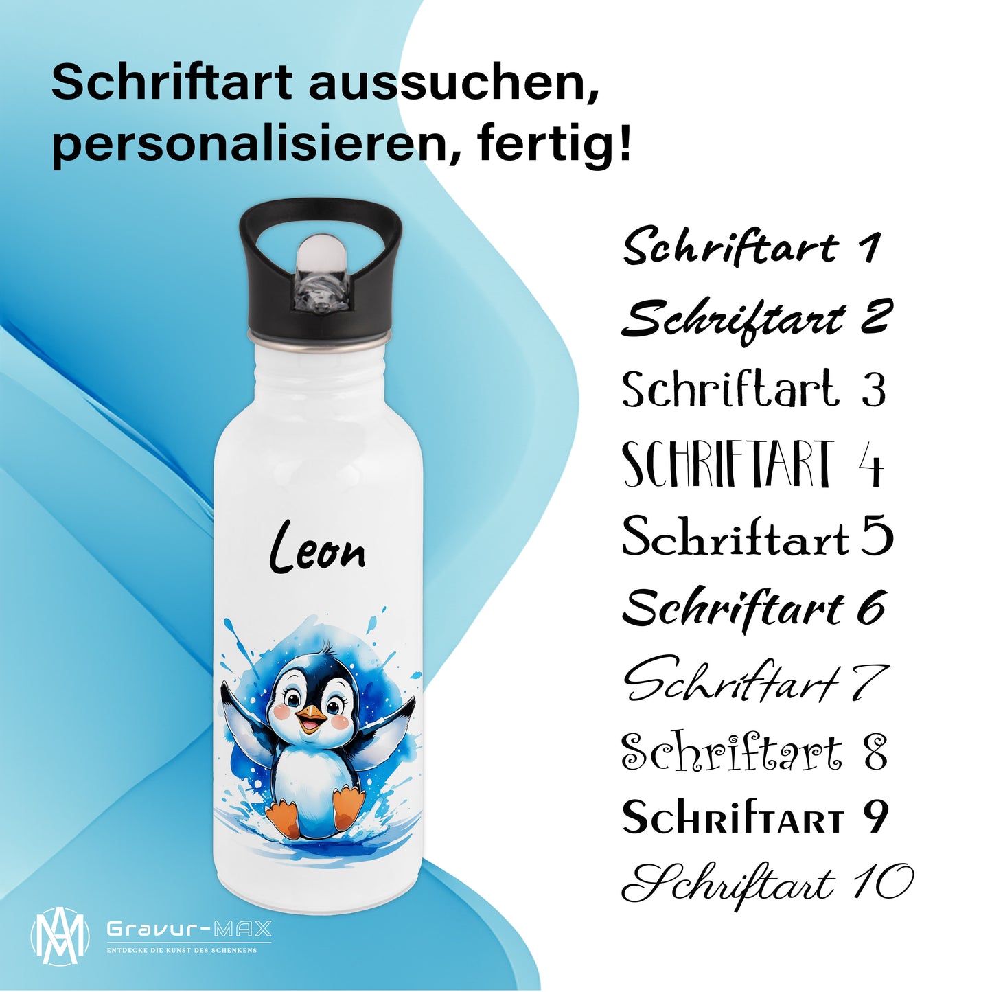 Trinkflasche mit Strohhalm in Weiß 600ml bedruckt mit niedlichen Tieren"Pinguin" personalisierbar für Kinder mit Wunschname aus Edelstahl