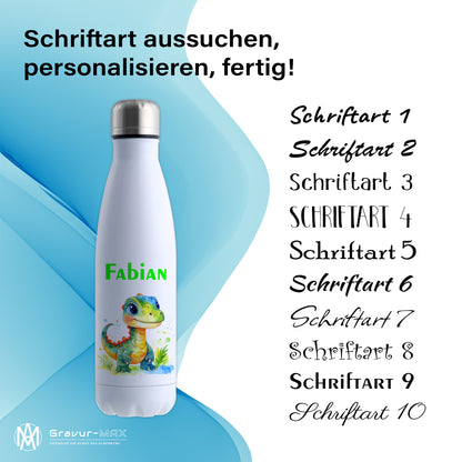 Thermoflasche 500ml in Weiß bedruckt mit tollen Motiven für Kinder "Dino Kinder" personalisierbar mit Wunschname