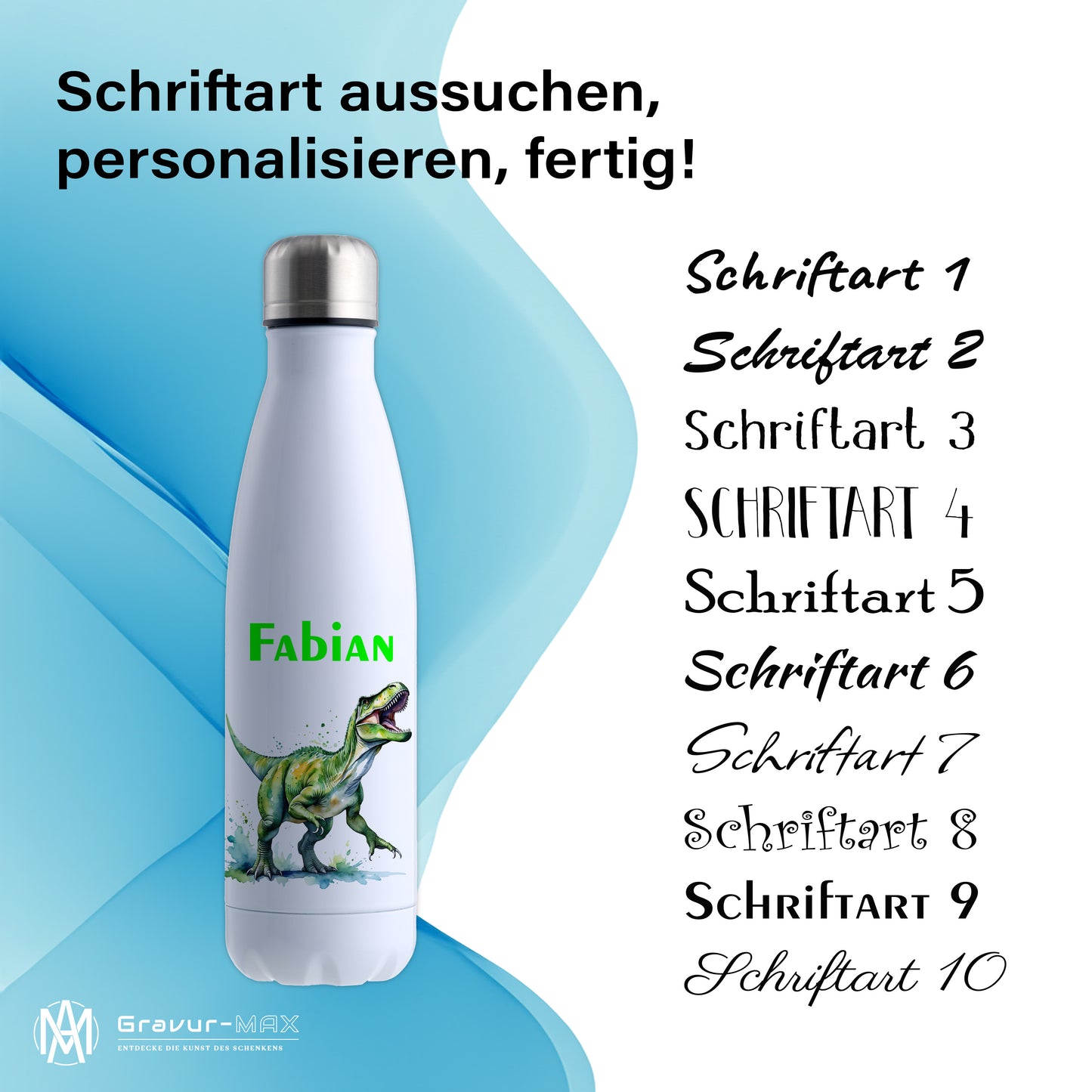 Thermoflasche 500ml in Weiß bedruckt mit tollen Motiven für Kinder "Dino T-Rex" personalisierbar mit Wunschname