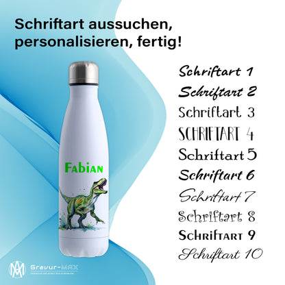 Thermoflasche 500ml in Weiß bedruckt mit tollen Motiven für Kinder "Dino T-Rex" personalisierbar mit Wunschname