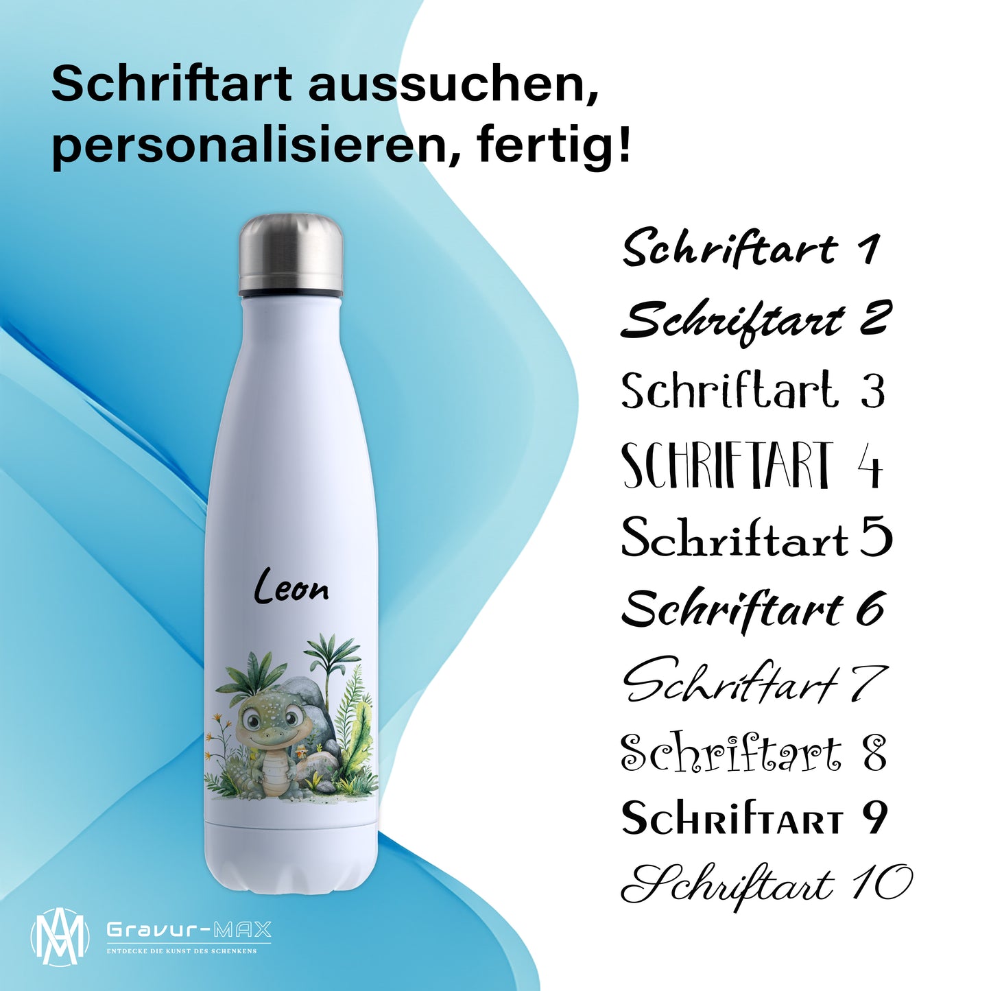 Trinkflasche in Weiß 500ml aus Edelstahl bedruckt mit Dschungel Tieren"Krokodil" personalisierbar für Kinder mit Wunschname