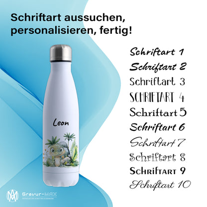 Trinkflasche in Weiß 500ml aus Edelstahl bedruckt mit Dschungel Tieren"Krokodil" personalisierbar für Kinder mit Wunschname