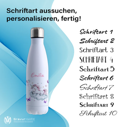 Thermoflasche 500ml in Weiß bedruckt mit tollen Motiven für Kinder "Einhorn Wolke" personalisierbar mit Wunschname