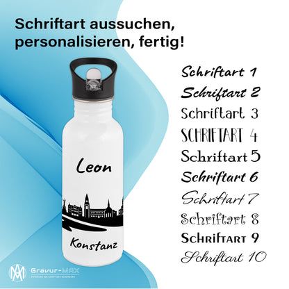 Trinkflasche in Weiß 600ml aus Edelstahl bedruckt mit der Skyline von Konstanz personalisierbar mit Wunschname